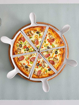 At Home by Nilkamal - Ceramic Pizza Serving Platter with Bamboo Base (White)