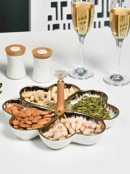 At Home by Nilkamal - 4 Compartments Dry Fruits & Snacks Ceramic Serving Platter (White)