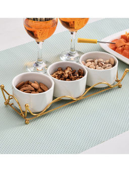 At Home by Nilkamal - Ceramic 300 ml Bowls Set of 3 with Metal Stand (White)