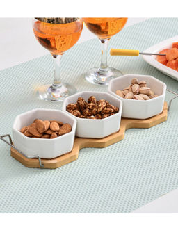 At Home by Nilkamal - Ceramic 200 ml Bowls Set of 3 with Wooden Base (White)