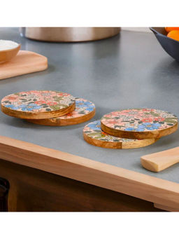 At Home by Nilkamal - Round Wooden Coasters 10 cm Set of 4 (Multicolor)