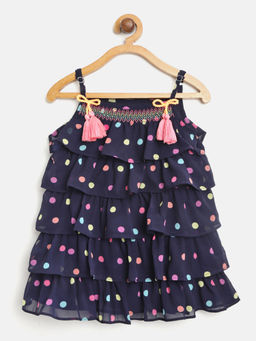 Nautinati - Girls Navy Blue Polka Dots Tiered A-Line Dress (Set of 2)