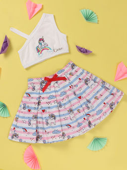 Nautinati - Girls Unicorn One Shoulder Top Printed Skirt with Bow Detailing (Set of 2)
