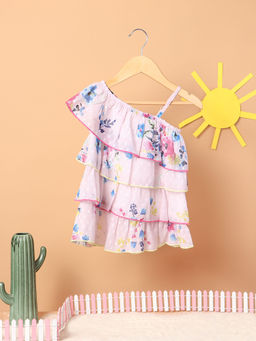 Nautinati - Girls Floral Printed One Shoulder Layered A-Line Dress