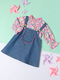 Nautinati - Girls Denim Pinafore with Floral Print Top (Set of 2)