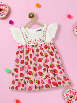 Nautinati - Pink Conversational Printed Embroidered Flutter Sleeve A-Line Dress