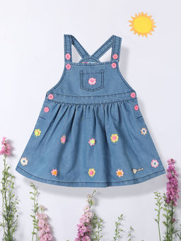 Nautinati - Girls Floral Embroidered Denim Dress