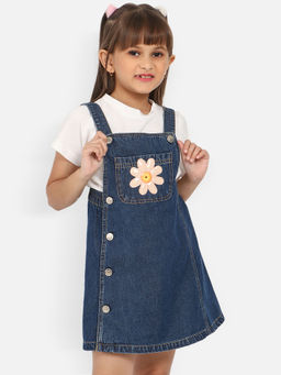 Nautinati - Girls Floral Applique Denim Pinafore with Inner (Set of 2)