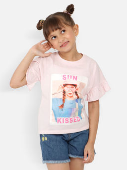 Nautinati - Girls Graphic Printed Flutter Sleeves Pure Cotton Regular T-Shirt