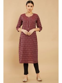 Soch - Women Maroon Cotton Stripes Kurta