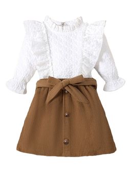 Hopscotch - Girls White and Khaki Floral Textured Blouse and Skirt Set with Belt