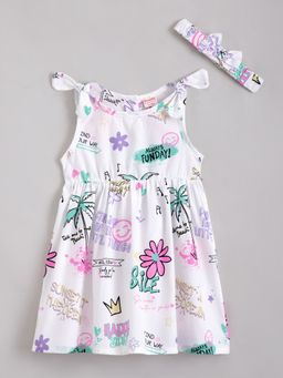 Hopscotch - All Over Print Cotton Casual Dress with Hairband