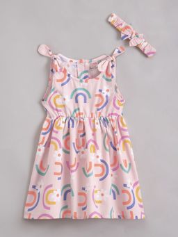 Hopscotch - Rainbow Print Cotton Casual Dress with Hairband