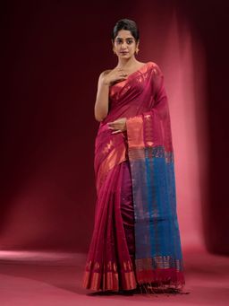CHARUKRITI - Magenta with Geometric Pattern and Contrast Pallu Saree with Unstitched Blouse