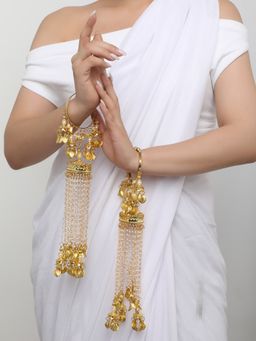 Khushi Jewels - Gold Plated White Long Pearls Beaded Tassel Bridal Kaleeras