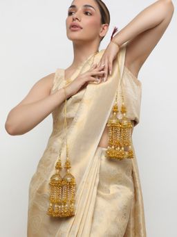 Khushi Jewels - Gold Plated White Stone Long Pearls Beaded Bridal Kaleeras