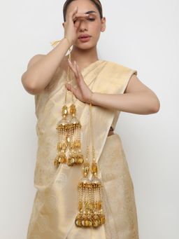 Khushi Jewels - Gold Plated White Stone Long Pearls Leaf Shape Bridal Kaleeras