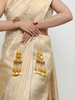 Khushi Jewels - Gold Plated White Stone Long Pearls Beaded Bridal Kaleeras