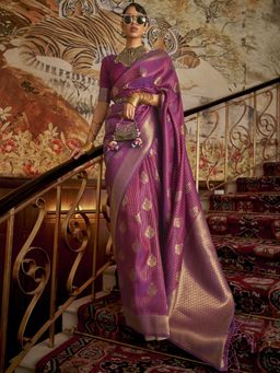 Akhilam - Womens Silk Blend Purple Woven Designer Saree with Unstitched Blouse