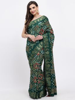 KISHORI - Women Bandhani With Zari Weaving Silk Saree & Blouse Green with Unstitched