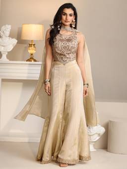 Libas Art - Cream Embroidered Sequined Work Crop Top with Palazzo and Dupatta