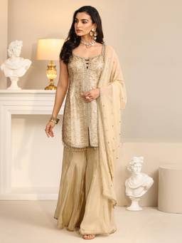 Libas Art - Off White Sequined-Beads Work Kurti with Sharara and Dupatta