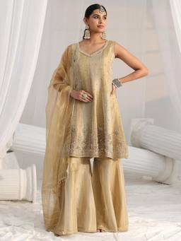 Libas Art - Gold Sequined Work Lace Work Kurta with Sharara and Dupatta