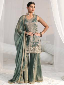 Libas Art - Sage Green Sequined Work Tassels Kurti with Sharara and Dupatta