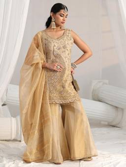 Libas Art - Gold Sequined Work Tassels Kurti with Sharara and Dupatta