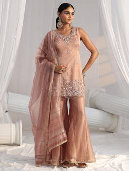 Libas Art - Peach Sequined Work Tassels Kurti with Sharara and Dupatta