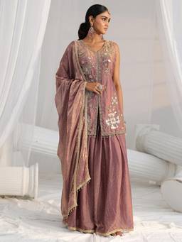 Libas Art - Purple Sequined Work Tassels Kurti with Palazzo and Dupatta