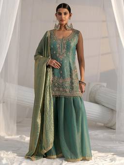 Libas Art - Green Sequined Work Tassels Kurti with Palazzo and Dupatta