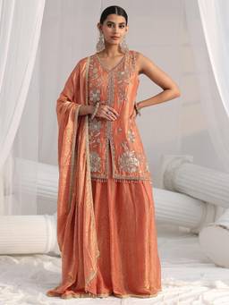 Libas Art - Orange Sequined Work Tassels Kurti with Palazzo and Dupatta