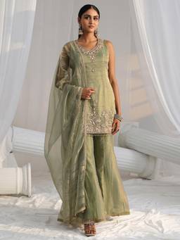 Libas Art - Green Embroidered Sequined Work Kurti with Sharara and Dupatta