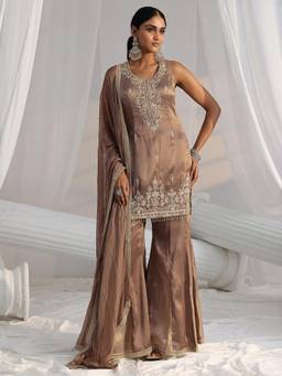 Libas Art - Taupe Sequined Work Tassels Kurti with Sharara and Dupatta