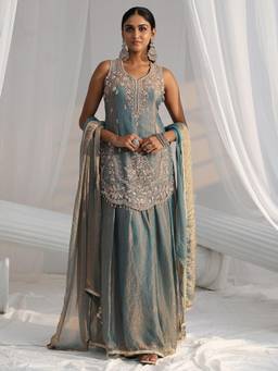 Libas Art - Blue Embroidered Sequined Work Kurti with Palazzo and Dupatta