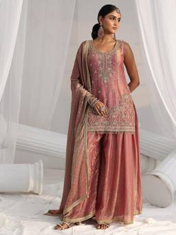 Libas Art - Pink Sequined Work Tassels Kurti with Palazzo and Dupatta