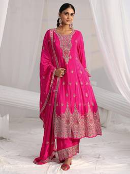 Libas Art - Pink Embroidered Sequined Work Anarkali Kurta with Pant and Dupatta