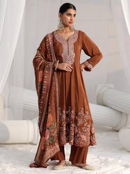 Libas Art - Brown Floral Embroidered Anarkali Kurta with Pant and Dupatta