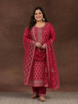 Extra love by Libas - Pink Woven Embroidered Kurta with Pant and Dupatta