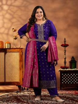 Extra love by Libas - Purple Woven Embroidered Kurta with Pant and Dupatta
