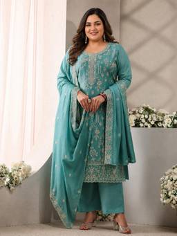 Extra love by Libas - Blue Floral Embroidered Kurta with Pant and Dupatta