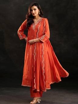 Libas - Orange Embroidered Sequined Work Kurta with Pant and Dupatta