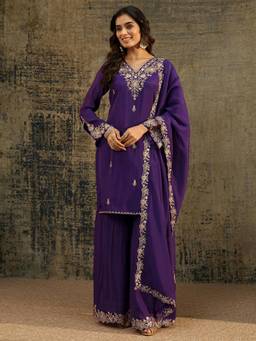 Libas - Purple Floral Embroidered Kurta with Sharara and Dupatta