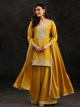 Libas - Mustard Floral Embroidered Kurti with Palazzo and Dupatta