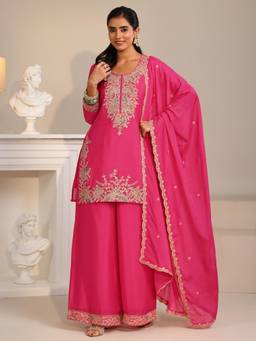 Libas - Pink Floral Embroidered Kurti with Palazzo and Dupatta