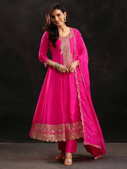 Libas - Pink Embroidered Sequined Work Anarkali Kurta with Pant and Dupatta