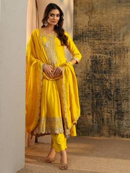 Libas - Yellow Embroidered Sequined Work Anarkali Kurta with Pant and Dupatta