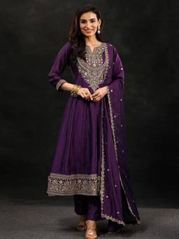 Libas - Purple Embroidered Sequined Work Anarkali Kurta with Pant and Dupatta