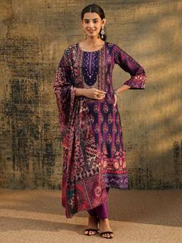 Libas - Purple Floral Printed Kurta with Pant and Dupatta